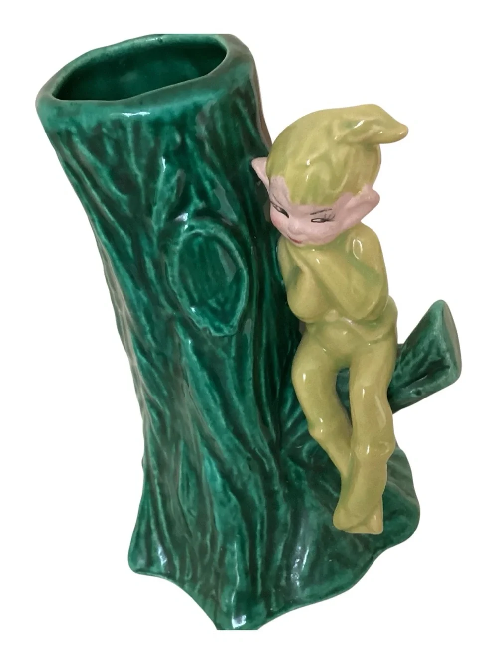 Vintage Gilner Elf Pixie Green Tree Trunk Vase 6” 1950